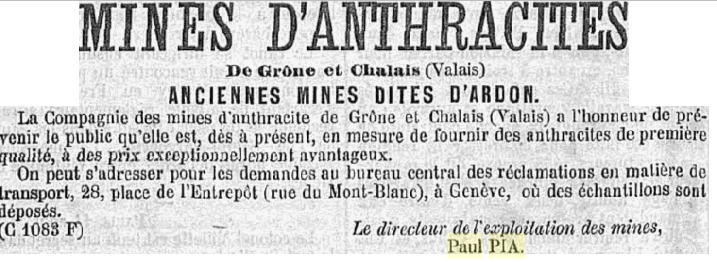 Publicité pour les mines d'anthracite de Grône de Paul Pia