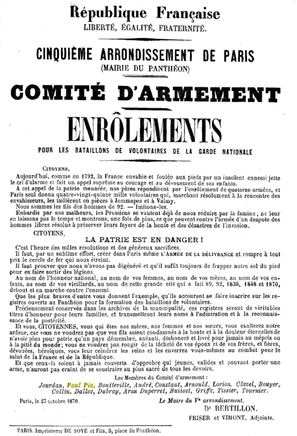 Affiche du Comité d'Armement du Cinquième Arrondissement (Panthéon) de Paris / 27 octobre 1870